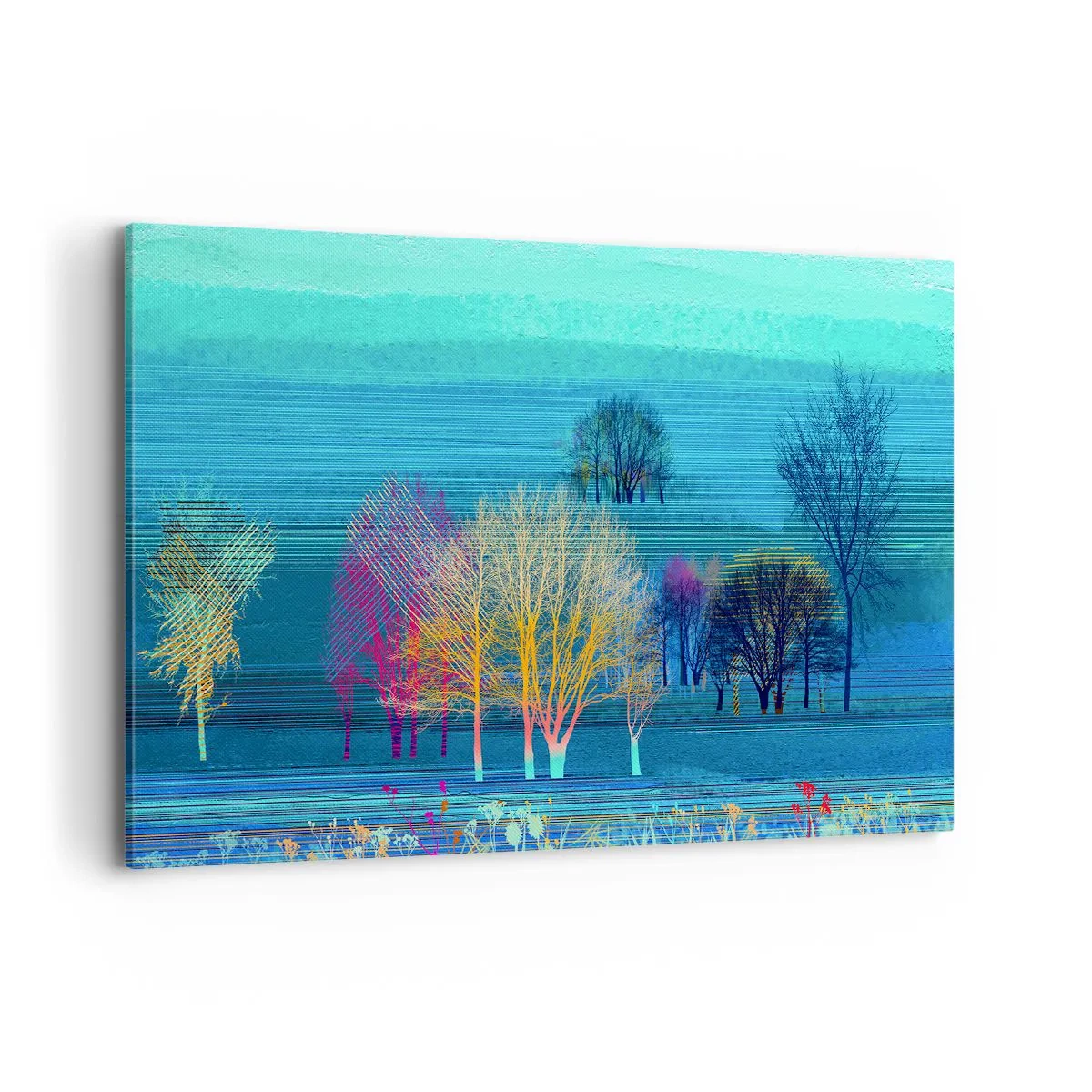 Bild auf Leinwand - Leinwandbild - Bunte Bäume vor einer blauen, minimalistischen Landschaft - 120x80cm - Eine gekämmte Landschaft - Moderne Wanddekoration für Wohnzimmer und Schlafzimmer ARTTOR