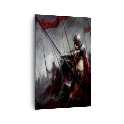 Bild auf Leinwand - Leinwandbild - Ritter marschieren im Regen zum Schlachtfeld - 80x120cm - Passant, sag Sparta ... - Moderne Wanddekoration für Wohnzimmer und Schlafzimmer ARTTOR