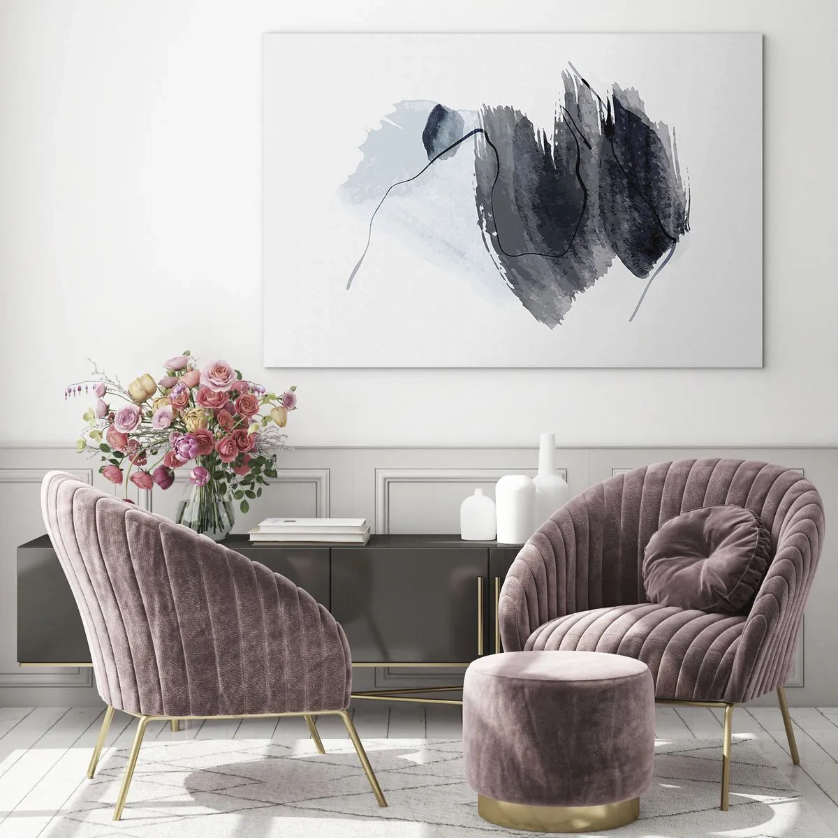 Glasbild - Bild auf glas - Eine abstrakte Komposition in Marineblau- und Grautönen - 120x80cm - Intensität und Bewegung - Moderne Wanddekoration für Wohnzimmer und Schlafzimmer ARTTOR