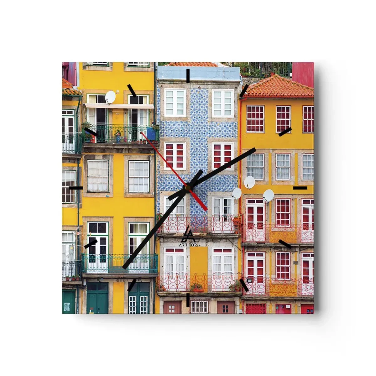 Wanduhr - Glasuhr - Bunte Fassaden von Mietshäusern im Stadtbild - 30x30cm - Farben der Altstadt - Moderne Wanddekoration für Wohnzimmer und Schlafzimmer ARTTOR