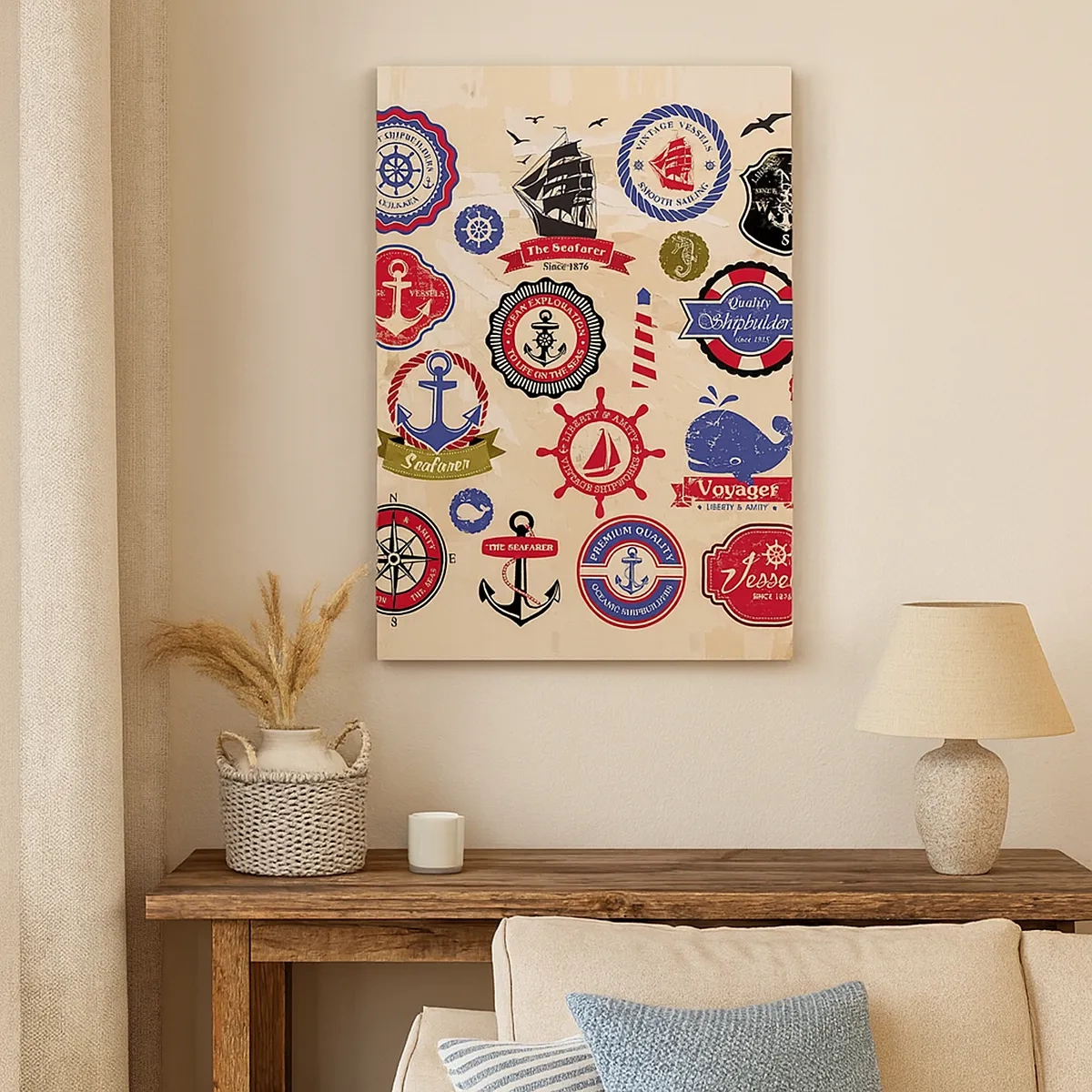 Bild auf Leinwand - Leinwandbild - Eine Sammlung nautischer Grafiken und Symbole auf hellem Hintergrund - 50x70cm - Segelbruderschaft - Moderne Wanddekoration für Wohnzimmer und Schlafzimmer ARTTOR