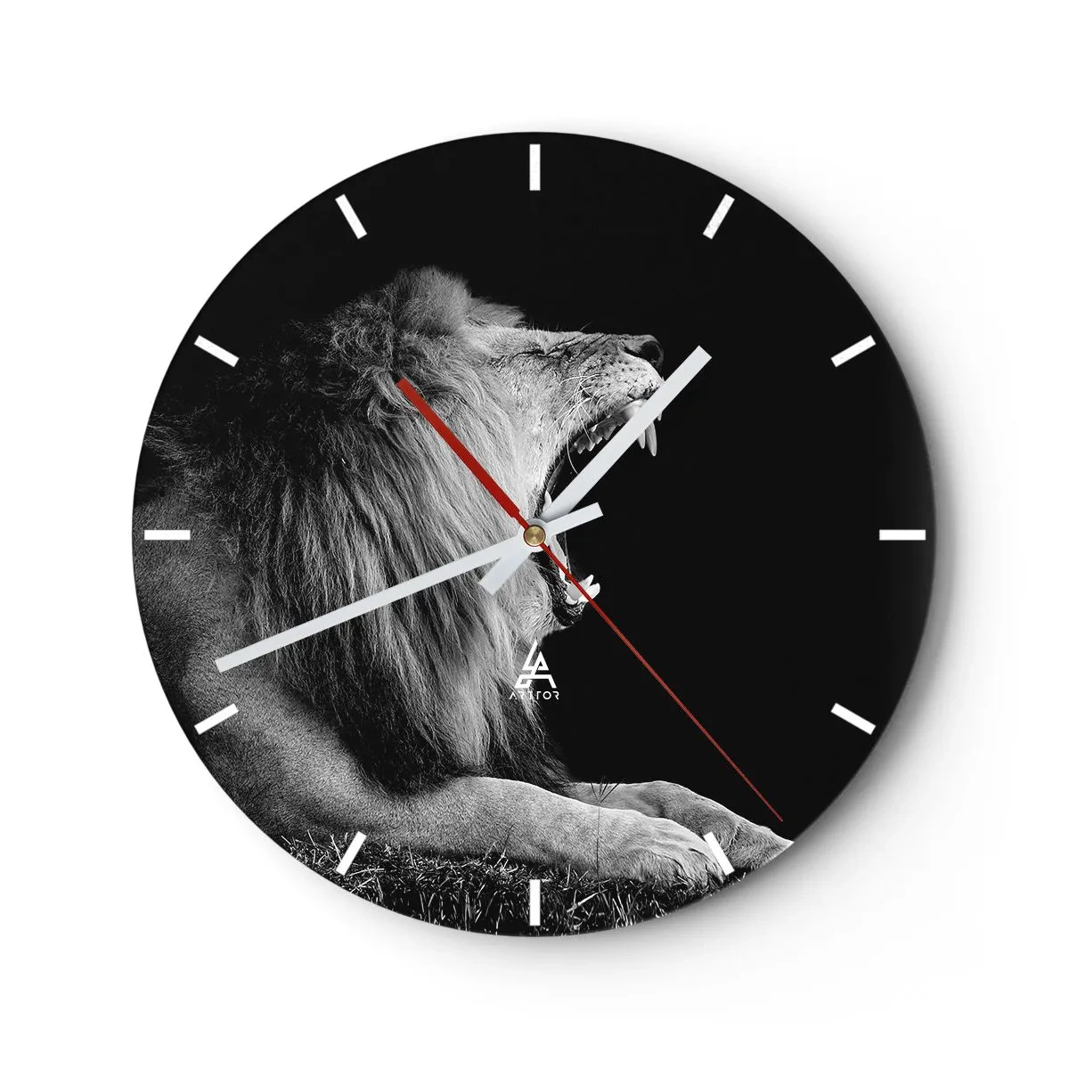 Wanduhr - Glasuhr - Schwarz-Weiß-Foto eines brüllenden Löwen - 30x30cm - Ohne Zweifel - Moderne Wanddekoration für Wohnzimmer, Küche und Schlafzimmer ARTTOR