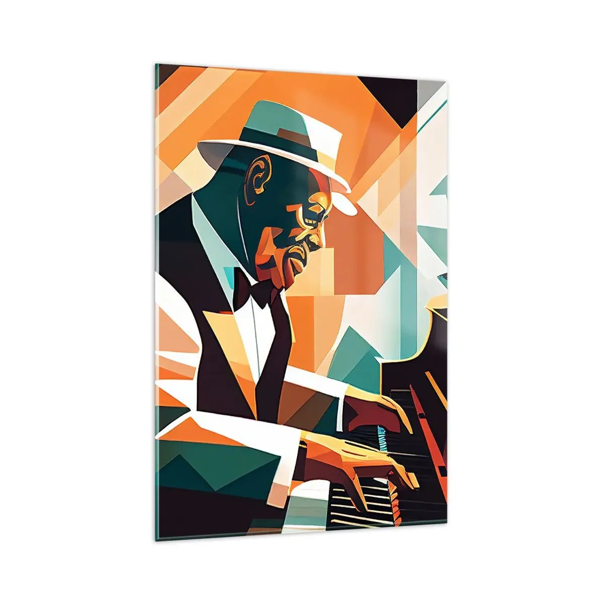 Glasbild - Bild auf glas - Abstrakter Musiker, der in warmen Farben Klavier spielt. - 80x120cm - Alles vom Jazz - Moderne Wanddekoration für Wohnzimmer und Schlafzimmer ARTTOR