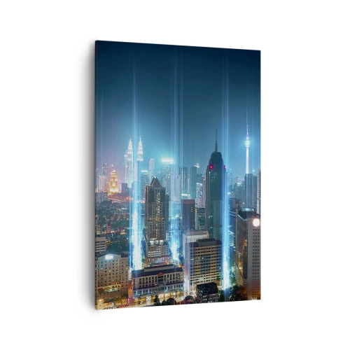 Bild auf Leinwand - Leinwandbild - Eine moderne Stadt bei Nacht mit futuristischen Lichtakzenten. - 70x100cm - Auf Berliner Art gegen den Himmel - Moderne Wanddekoration für Wohnzimmer und Schlafzimmer ARTTOR
