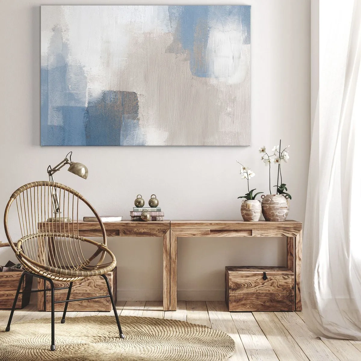 Bild auf Leinwand - Leinwandbild - Abstrakte Formen in Blau- und Beigetönen - 70x50cm - Rosa Abstraktion hinter einem blauen Vorhang - Moderne Wanddekoration für Wohnzimmer und Schlafzimmer ARTTOR