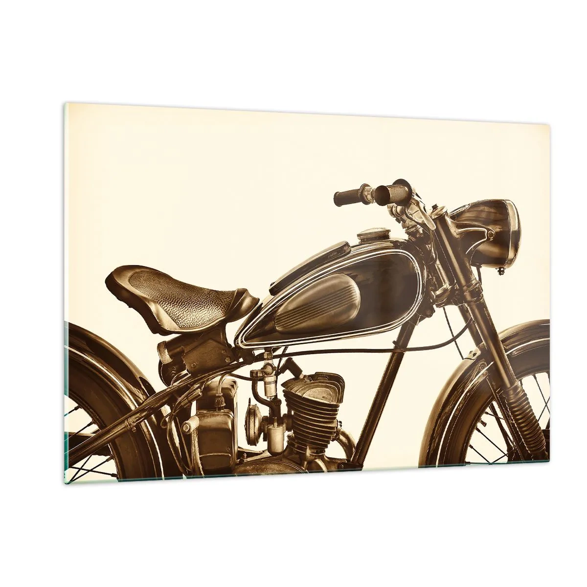 Glasbild - Bild auf glas - Stilvolles Retro-Motorrad in Sepia-Tönen auf hellem Hintergrund - 120x80cm - Sehnsucht nach den Klassikern - Moderne Wanddekoration für Wohnzimmer und Schlafzimmer ARTTOR