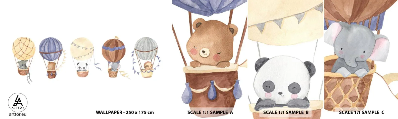 Fototapetenmuster Standard Eco - Freunde auf Reise - Luftballons, Tiere, Kinder - 100x30 cm