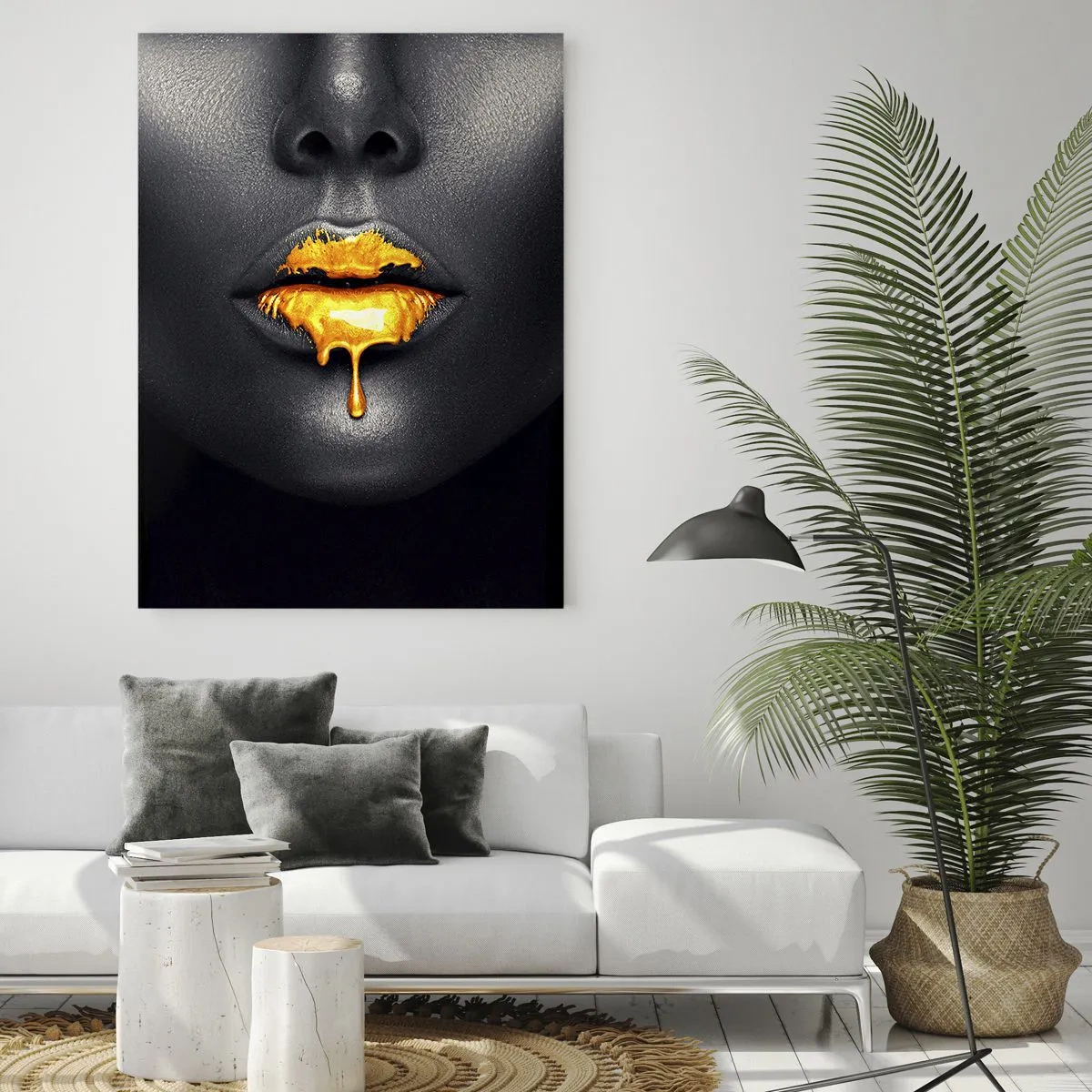 Glasbild - Bild auf glas - Schwarz-goldenes Porträt einer Frau mit glänzenden Lippen - 50x70cm - Goldmaul - Moderne Wanddekoration für Wohnzimmer und Schlafzimmer ARTTOR