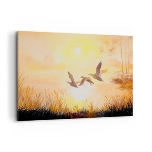 Bild auf Leinwand - Leinwandbild - Enten fliegen bei Sonnenaufgang über den See - 120x80cm - Der Beginn einer langen Reise - Moderne Wanddekoration für Wohnzimmer und Schlafzimmer ARTTOR