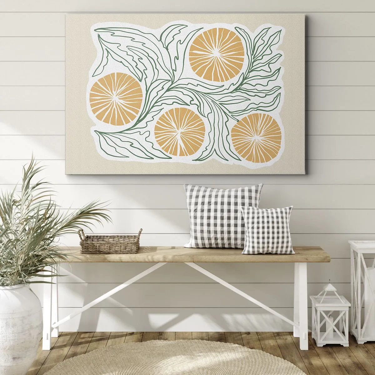 Bild auf Leinwand - Leinwandbild - Ein minimalistisches orangefarbenes Motiv mit grünen Blättern - 70x50cm - Ethnisch mit einem Hauch von Abstraktion - Moderne Wanddekoration für Wohnzimmer und Schlafzimmer ARTTOR