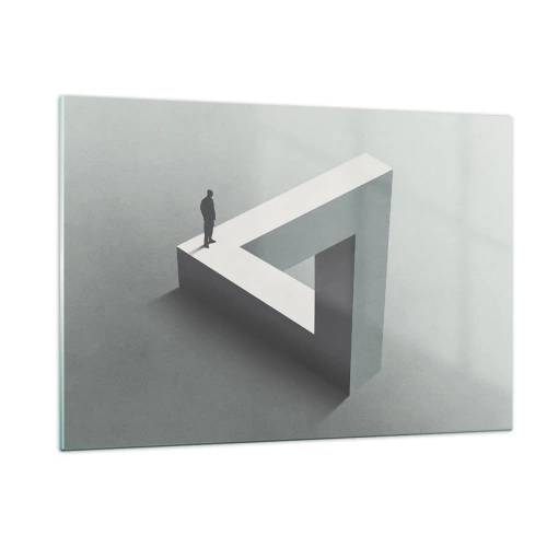 Glasbild - Bild auf glas - Eine Figur auf einer geometrischen Struktur im Stil einer optischen Täuschung - 120x80cm - Es ist also doch möglich - Moderne Wanddekoration für Wohnzimmer und Schlafzimmer ARTTOR