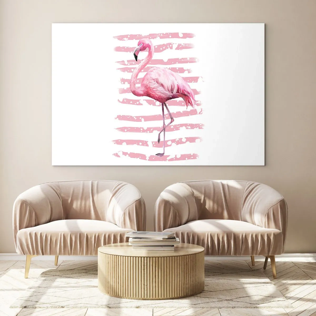 Glasbild - Bild auf glas - Ein rosa Flamingo vor einem Hintergrund aus künstlerischen rosa Streifen. - 100x70cm - In Würde, aber in Pink - Moderne Wanddekoration für Wohnzimmer und Schlafzimmer ARTTOR