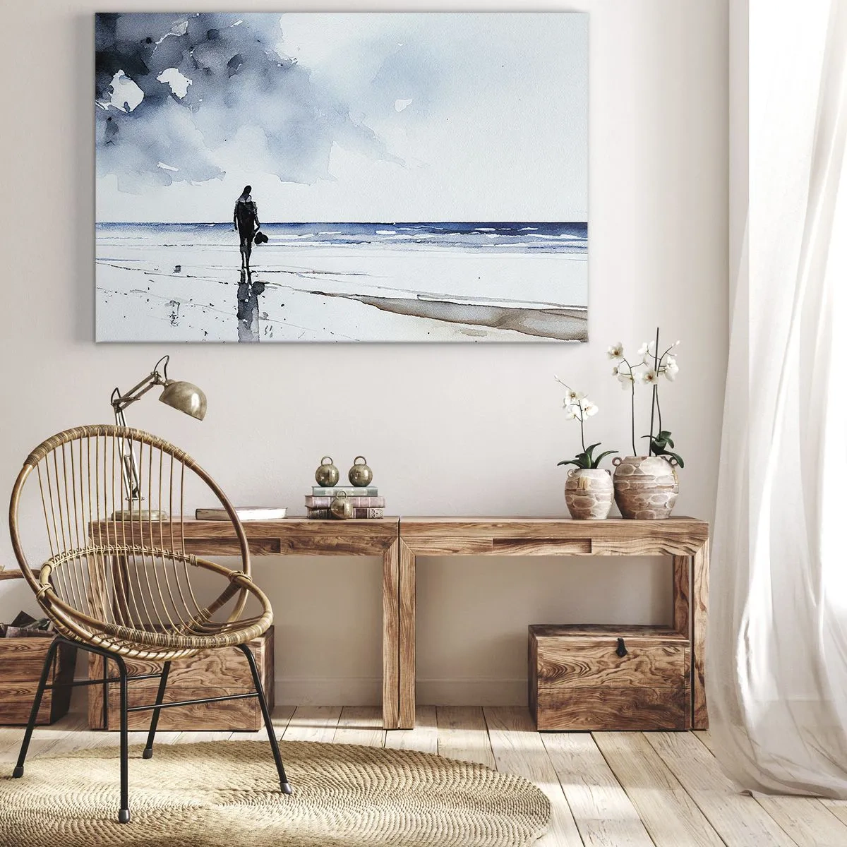 Bild auf Leinwand - Leinwandbild - Eine Figur an einem Strand in einer ruhigen Meeresumgebung - 120x80cm - Gespräch mit dem Meer - Moderne Wanddekoration für Wohnzimmer und Schlafzimmer ARTTOR