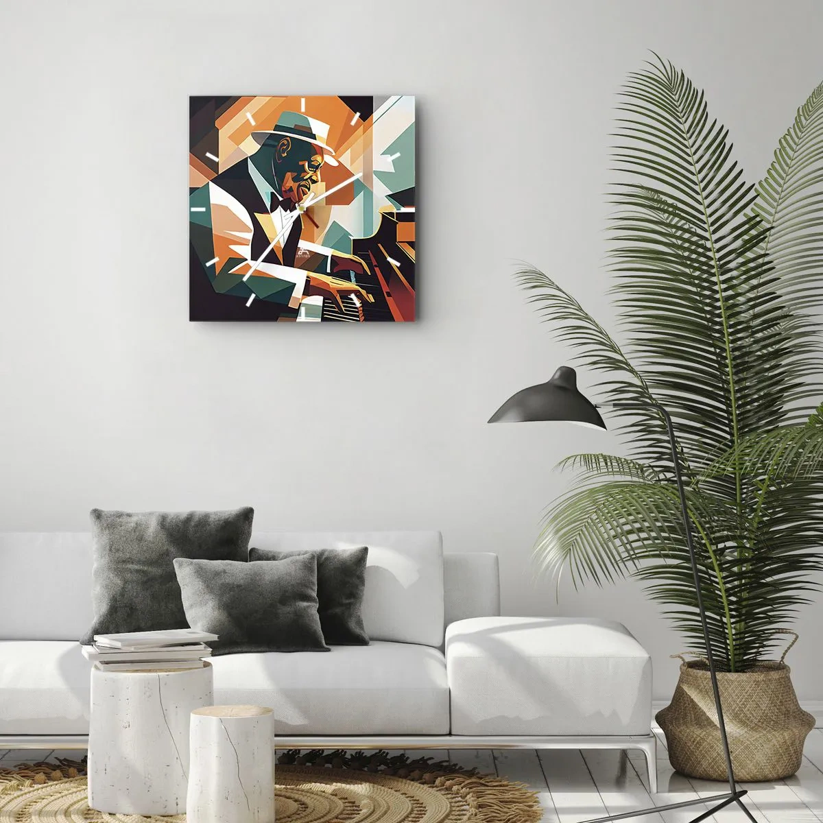 Wanduhr - Glasuhr - Abstrakter Musiker, der in warmen Farben Klavier spielt. - 30x30cm - Alles vom Jazz - Moderne Wanddekoration für Wohnzimmer und Schlafzimmer ARTTOR