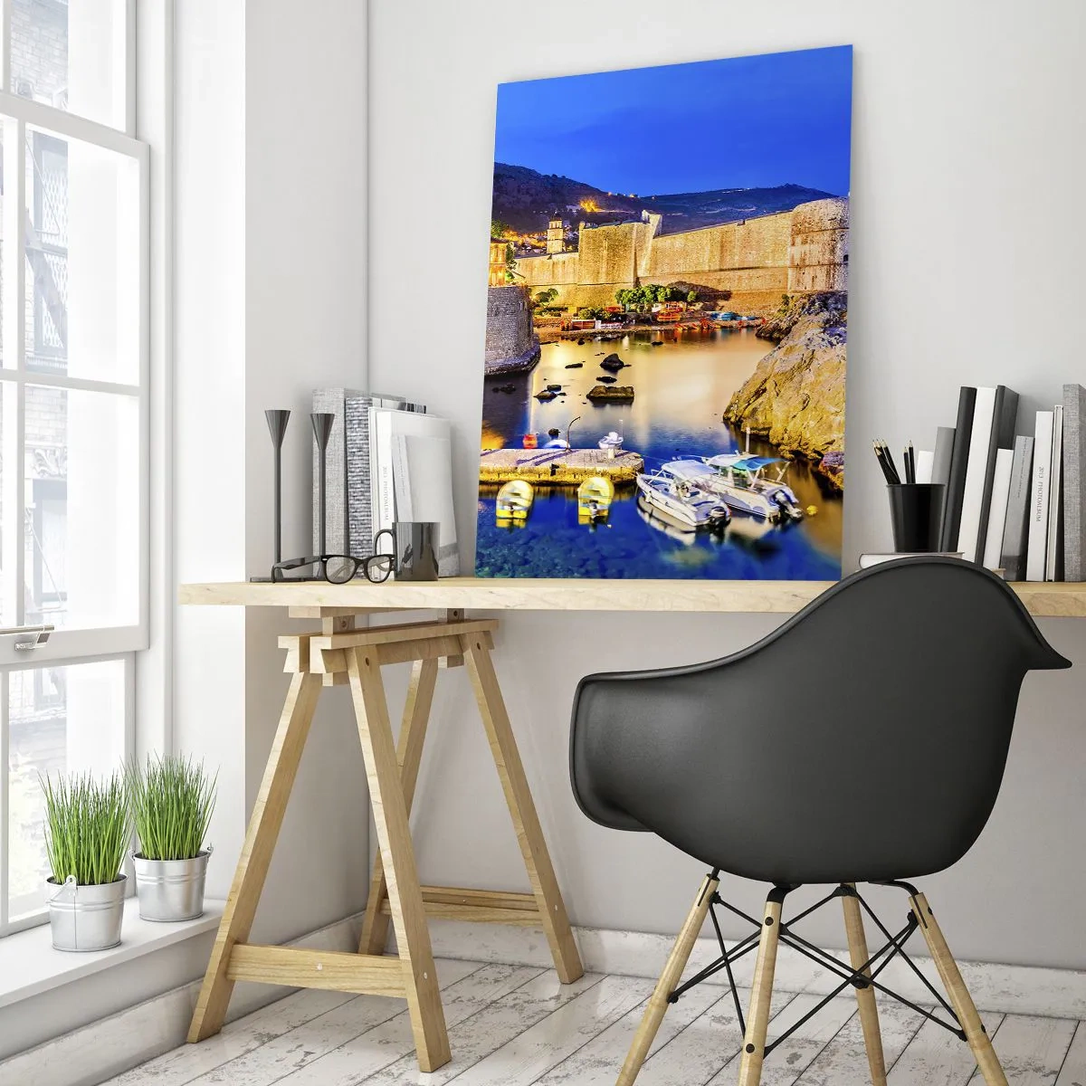 Glasbild - Bild auf glas - Abendpanorama von Dubrovnik mit Booten und Stadtmauern - 50x70cm - Beleuchtete Nacht an der Adria - Moderne Wanddekoration für Wohnzimmer und Schlafzimmer ARTTOR