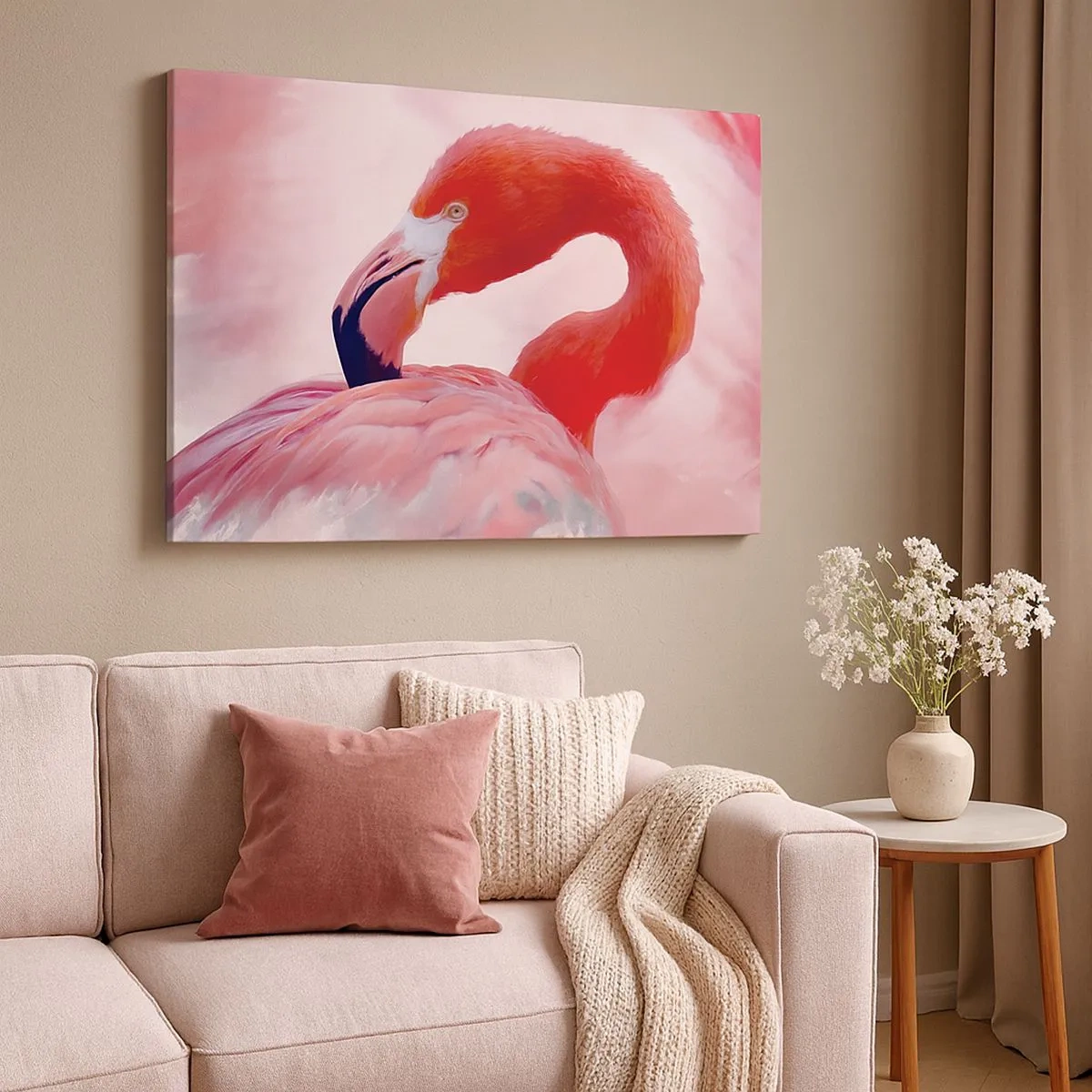Bild auf Leinwand - Leinwandbild - Ein Flamingo in Rosatönen auf hellem Hintergrund - 70x50cm - Vogel Schönheit - Moderne Wanddekoration für Wohnzimmer und Schlafzimmer ARTTOR