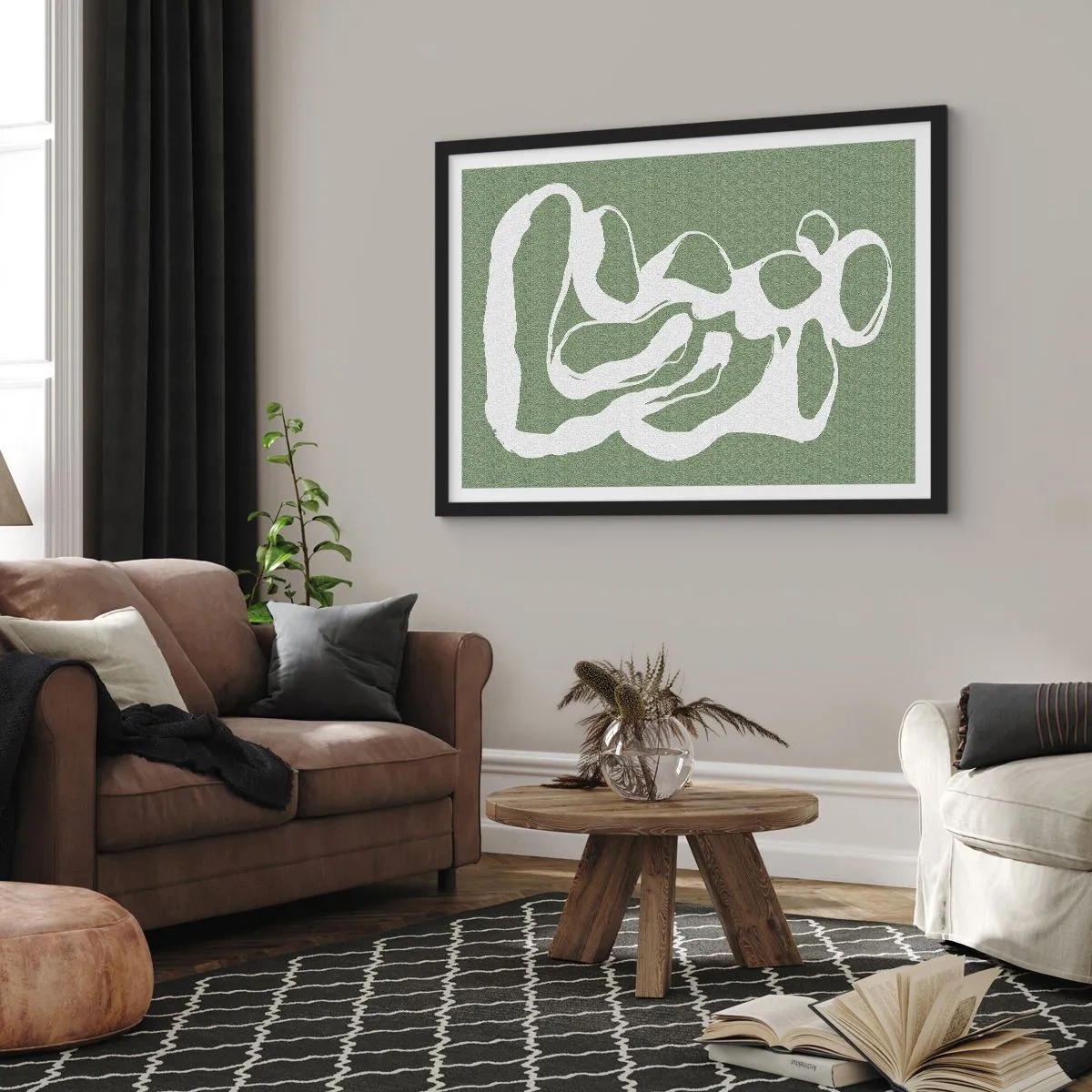 Poster in einem schwarzem Rahmen - Organische Formen in Weiß auf grünem Hintergrund - 70x50cm - Ruf des Weltraums - Moderne Wanddekoration für Wohnzimmer und Schlafzimmer ARTTOR