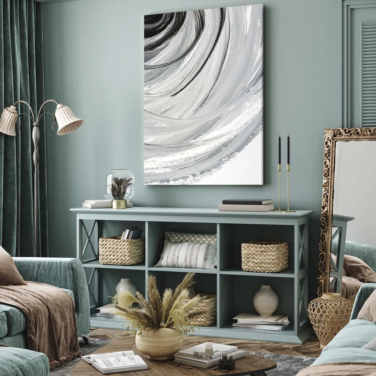 Bild auf Leinwand - Leinwandbild - Ein monochromer Wirbel in Grau- und Schwarztönen - 50x70cm - Orbitale Komposition - Moderne Wanddekoration für Wohnzimmer und Schlafzimmer ARTTOR