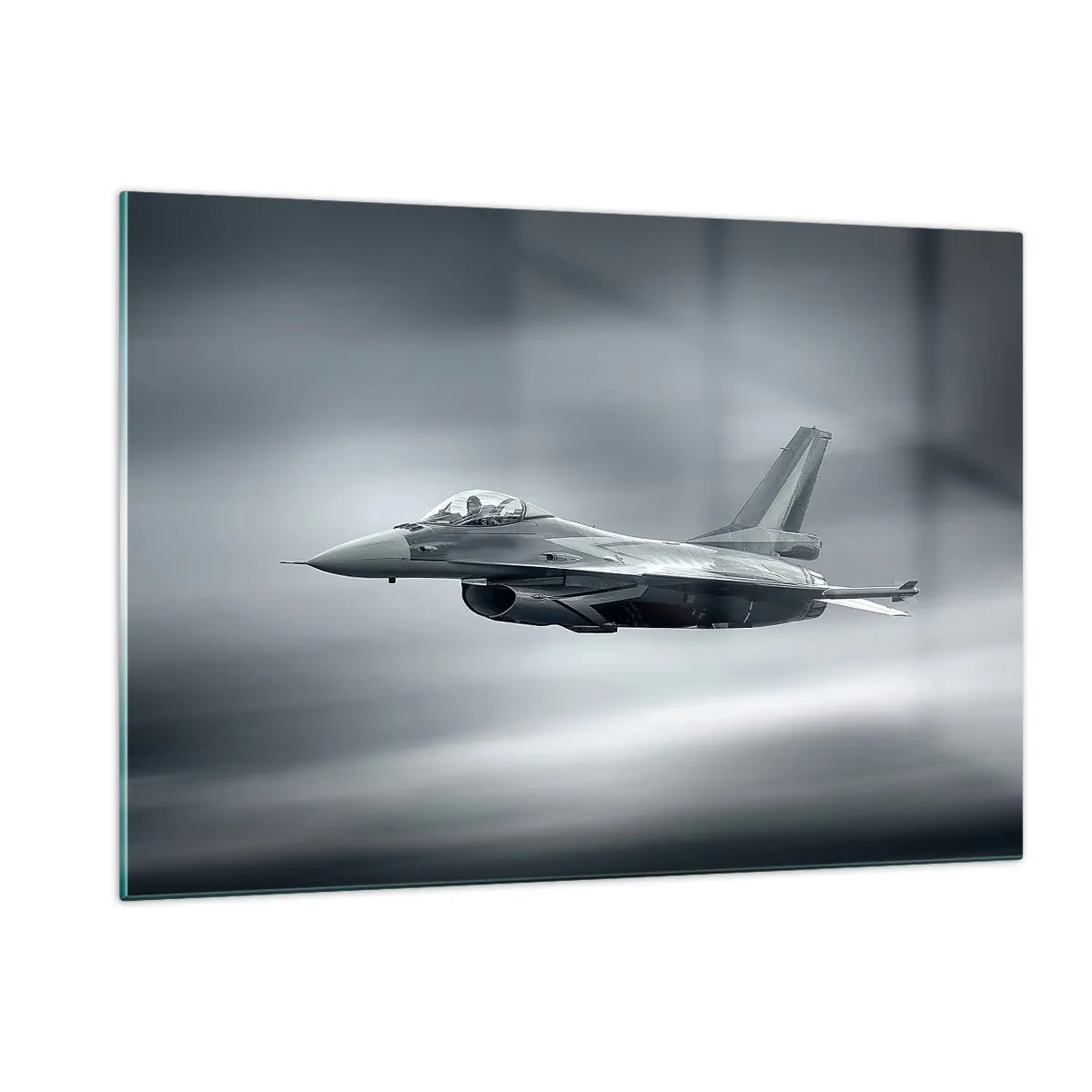 Glasbild - Bild auf glas - Ein Kampfjet im Flug vor einem bewölkten Himmel - 120x80cm - Wirst du herausfordern? - Moderne Wanddekoration für Wohnzimmer und Schlafzimmer ARTTOR