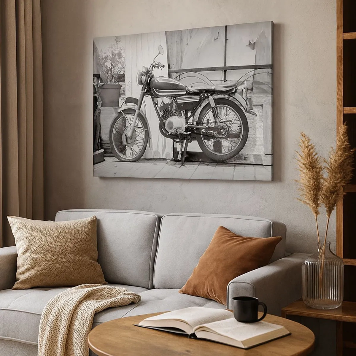 Bild auf Leinwand - Leinwandbild - Schwarz-Weiß-Foto eines klassischen Motorrads - 70x50cm - Klassik über alles - Moderne Wanddekoration für Wohnzimmer und Schlafzimmer ARTTOR