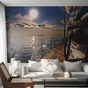 Fototapete Premium Canvas - Eine Yachtkreuzfahrt auf dem Meer bei Sonnenuntergang - 100x70cm - Der Sonne entgegen segeln - Moderne Wanddekoration für Wohnzimmer und Schlafzimmer ARTTOR