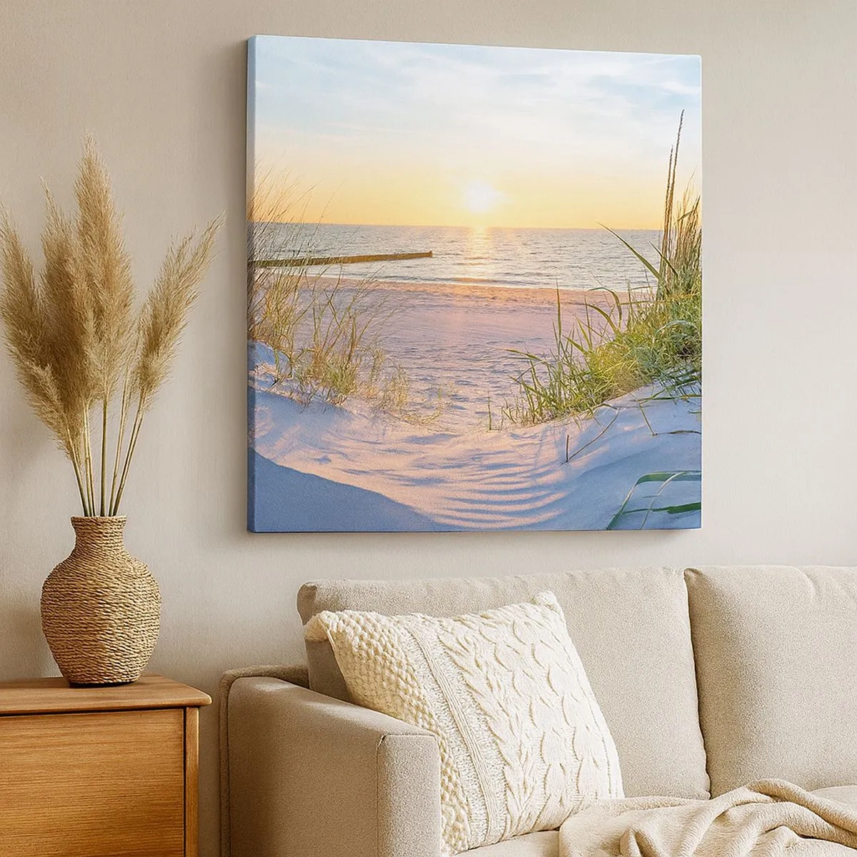 Bild auf Leinwand - Leinwandbild - Das Rauschen des Meeres, der Gesang der Vögel, ein wilder Strand im Gras ... - 30x30 cm