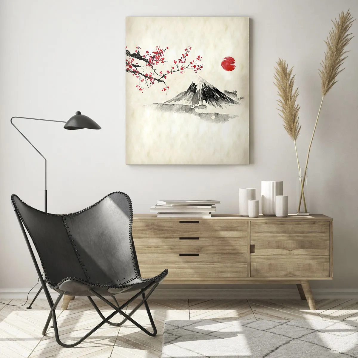 Glasbild - Bild auf glas - Japanisches Aquarell eines Berges und eines blühenden Zweiges - 50x70cm - Liebe Japan - Moderne Wanddekoration für Wohnzimmer und Schlafzimmer ARTTOR