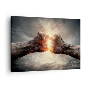 Bild auf Leinwand - Leinwandbild - Geballte Fäuste in einer dynamischen Brandszene - 70x50cm - Steh auf für einen Kampf - Moderne Wanddekoration für Wohnzimmer und Schlafzimmer ARTTOR