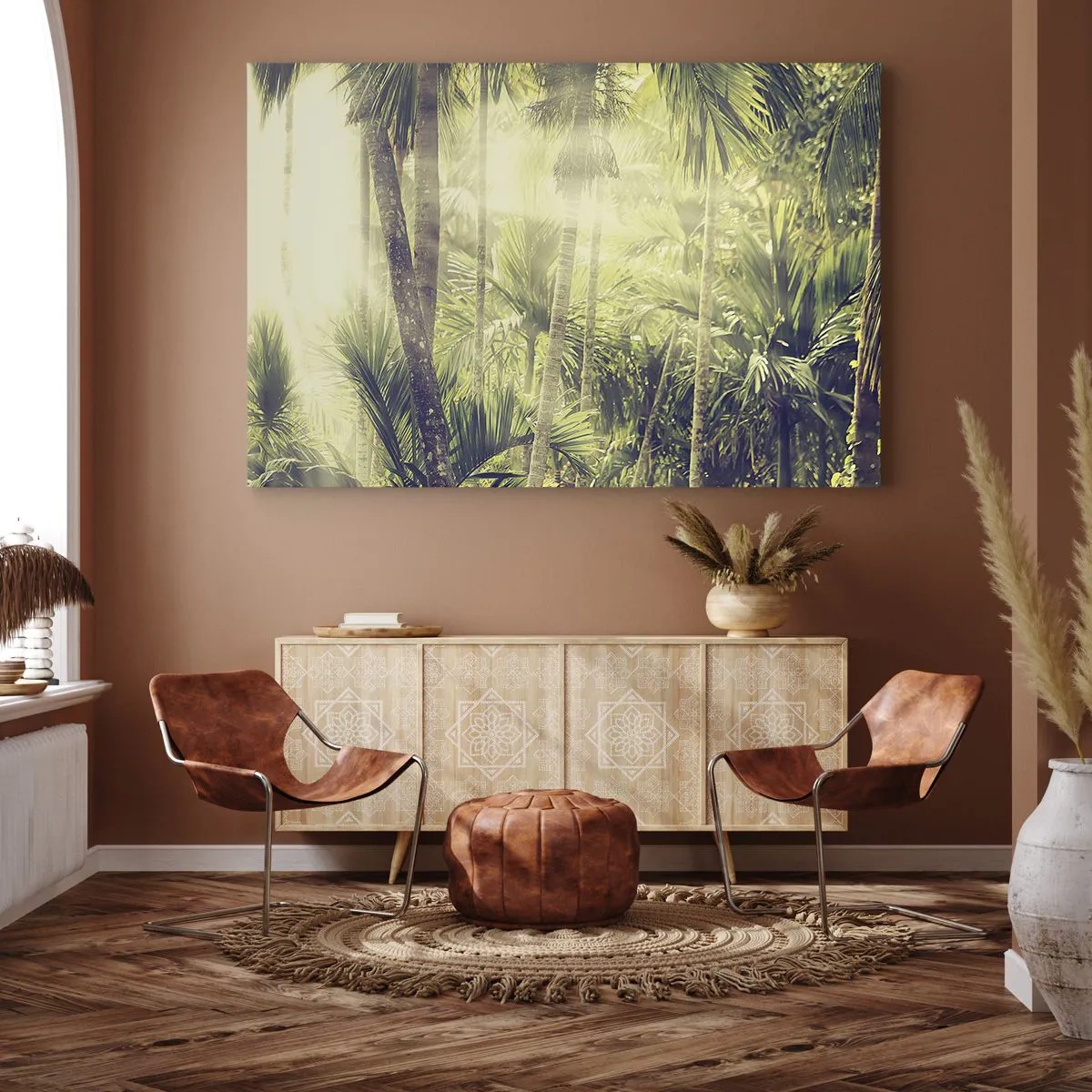Bild auf Leinwand - Leinwandbild - Sonnenstrahlen in einem tropischen Palmenwald - 100x70cm - In grüner Hitze - Moderne Wanddekoration für Wohnzimmer und Schlafzimmer ARTTOR