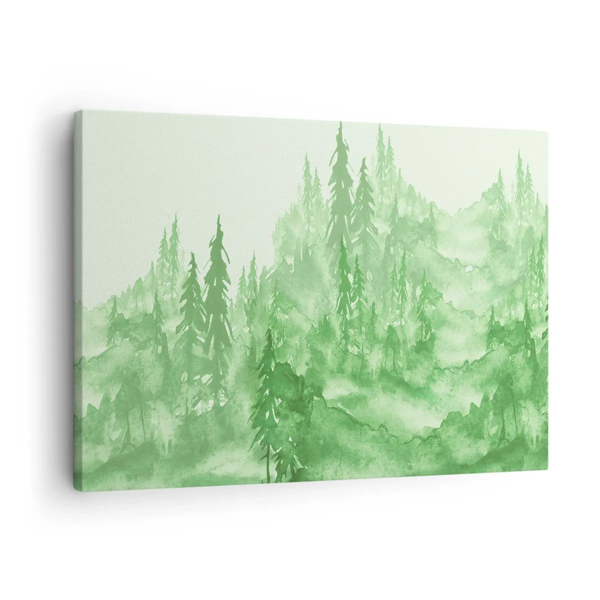 Bild auf Leinwand - Leinwandbild - Grüner Wald im Aquarellstil auf hellem Hintergrund - 70x50cm - Verschwommen mit grünem Nebel - Moderne Wanddekoration für Wohnzimmer und Schlafzimmer ARTTOR