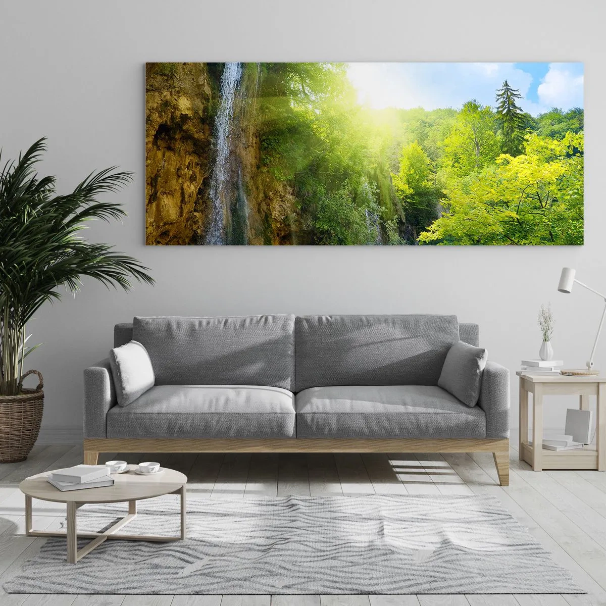 Glasbild - Bild auf glas - Ein Wasserfall, der in einen türkisfarbenen See fließt, umgeben von Grün - 120x50cm - Es muss Eden sein - Moderne Wanddekoration für Wohnzimmer und Schlafzimmer ARTTOR