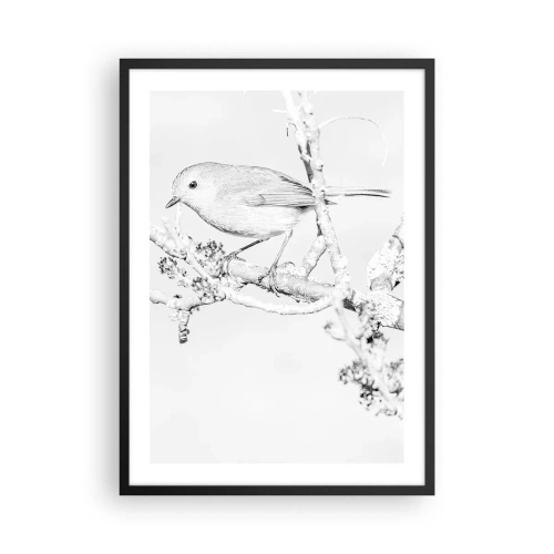 Poster in einem schwarzem Rahmen - Schwarz-weiße Zeichnung eines Vogels auf einem Ast - 50x70cm - Wintermorgen - Moderne Wanddekoration für Wohnzimmer und Schlafzimmer ARTTOR
