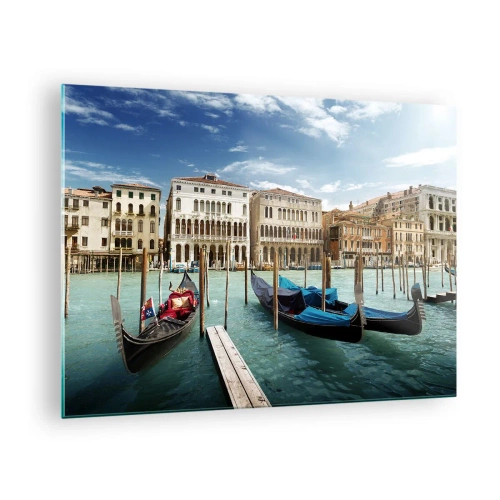 Glasbild - Bild auf glas - Gondeln auf einem Kanal in Venedig an einem sonnigen Tag - 70x50cm - Paläste in Blau - Moderne Wanddekoration für Wohnzimmer und Schlafzimmer ARTTOR