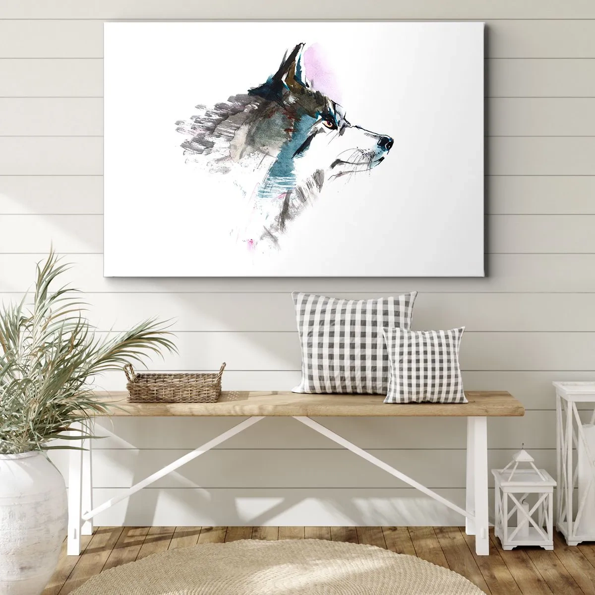 Bild auf Leinwand - Leinwandbild - Aquarellwolf im minimalistischen Stil - 120x80cm - Vom Teufel sprechen - Moderne Wanddekoration für Wohnzimmer und Schlafzimmer ARTTOR