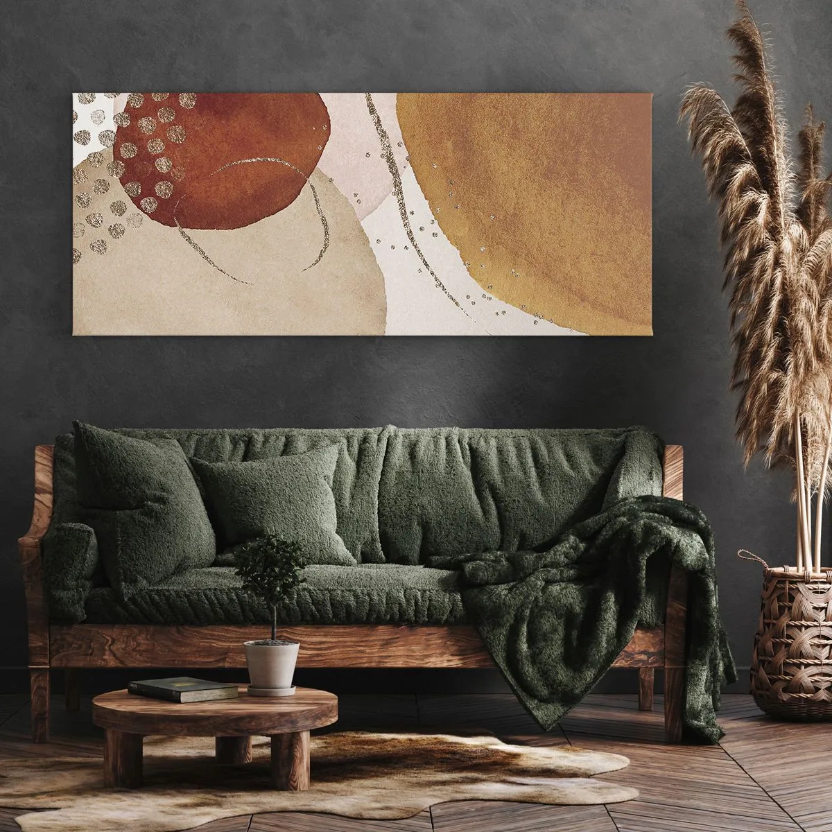 Bild auf Leinwand - Leinwandbild - Abstrakte Formen in warmen Braun- und Goldtönen - 140x50cm - Rundheit und Bewegung - Moderne Wanddekoration für Wohnzimmer und Schlafzimmer ARTTOR