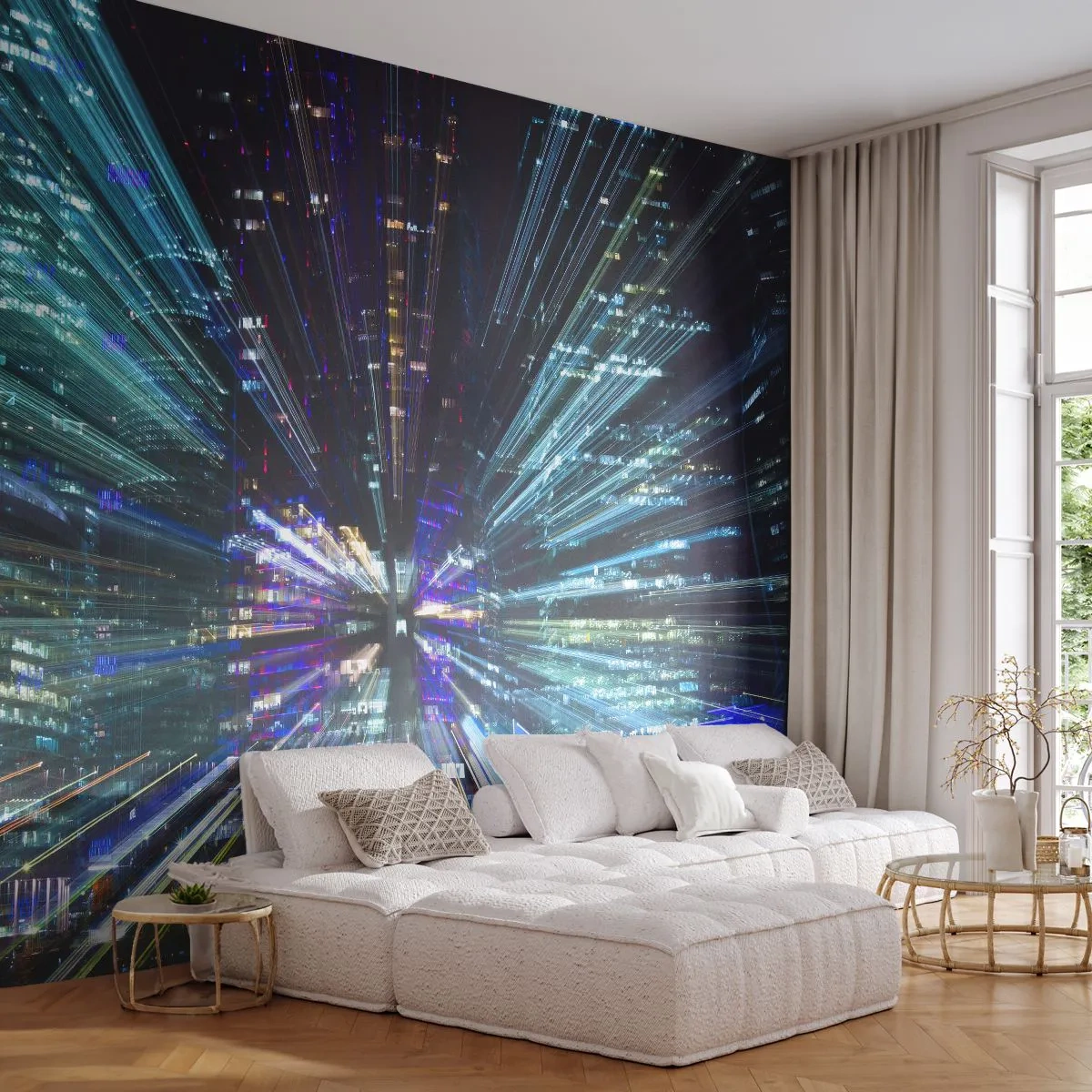 Fototapete Premium Sand - Übergang zum Hyperraum - Abstraktion, Stadt, Grafik - 100x70 cm