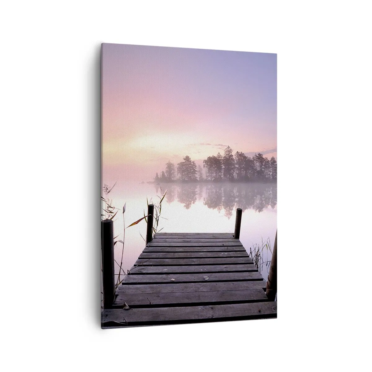 Bild auf Leinwand - Leinwandbild - Ein Steg am Seeufer im Morgengrauen mit Nebel und pastellfarbenem Himmel - 70x100cm - Aus dem lila Nebel ... - Moderne Wanddekoration für Wohnzimmer und Schlafzimmer ARTTOR
