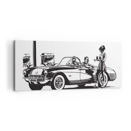 Bild auf Leinwand - Leinwandbild - Eine schwarz-weiße Retro-Szene mit einem Auto und einer Kellnerin auf Rollschuhen. - 120x50cm - 60. - unbeschwertes Amerika - Moderne Wanddekoration für Wohnzimmer und Schlafzimmer ARTTOR
