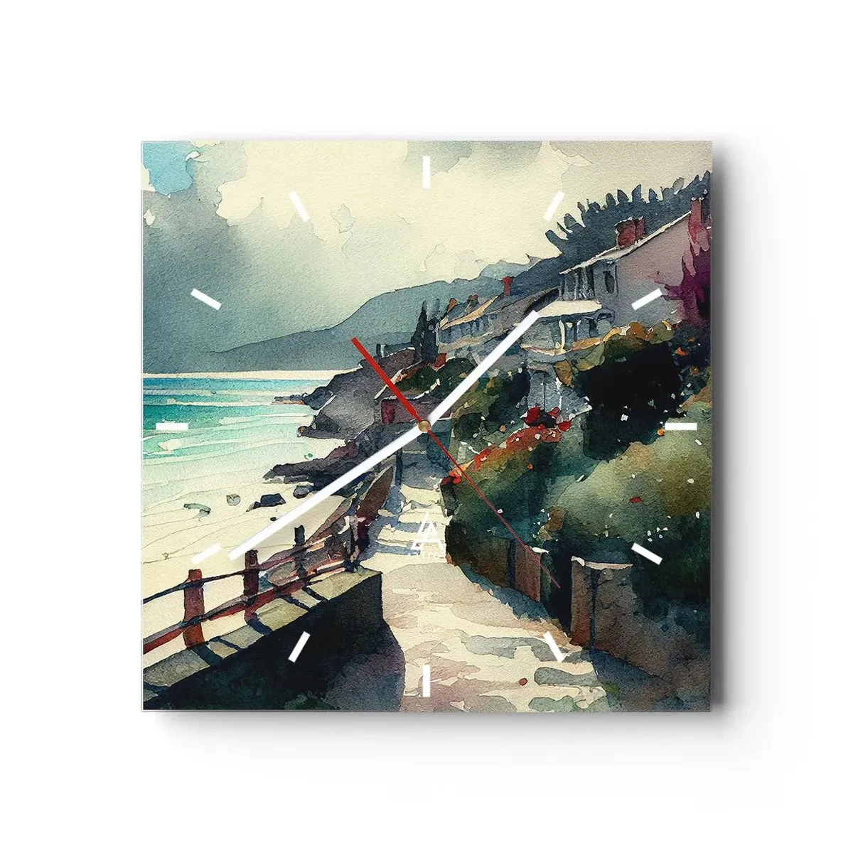 Wanduhr - Glasuhr - Strandpromenade mit Häusern und Vegetation - 30x30cm - Mittelmeerstadt - Moderne Wanddekoration für Wohnzimmer und Schlafzimmer ARTTOR