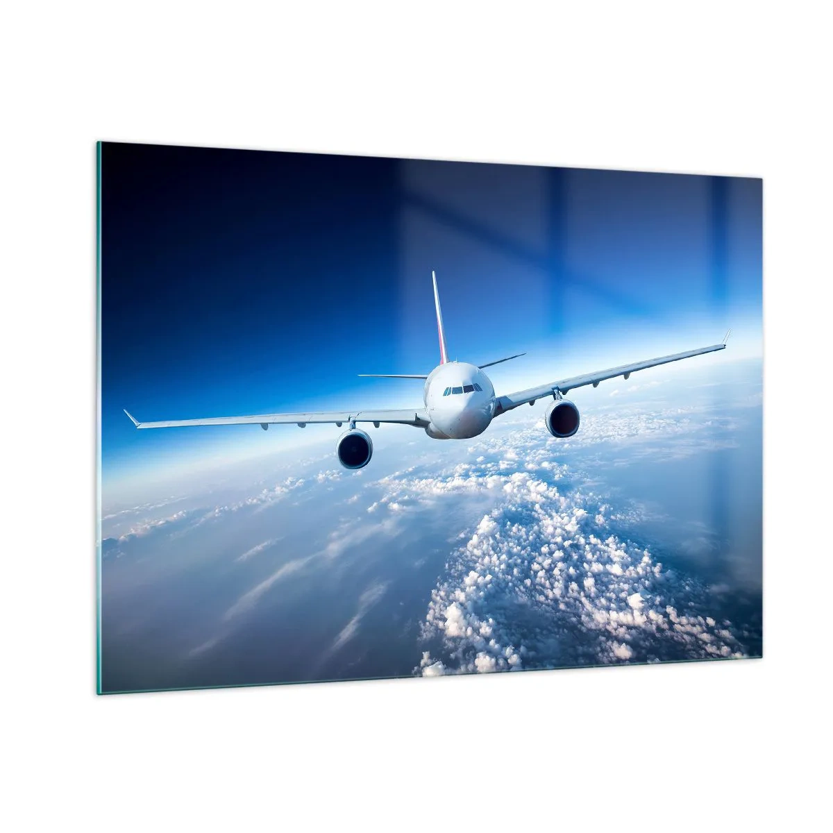Glasbild - Bild auf glas - Ein Passagierflugzeug vor blauem Himmel und Wolken - 100x70cm - Ich fliege, weil ich es kann - Moderne Wanddekoration für Wohnzimmer und Schlafzimmer ARTTOR
