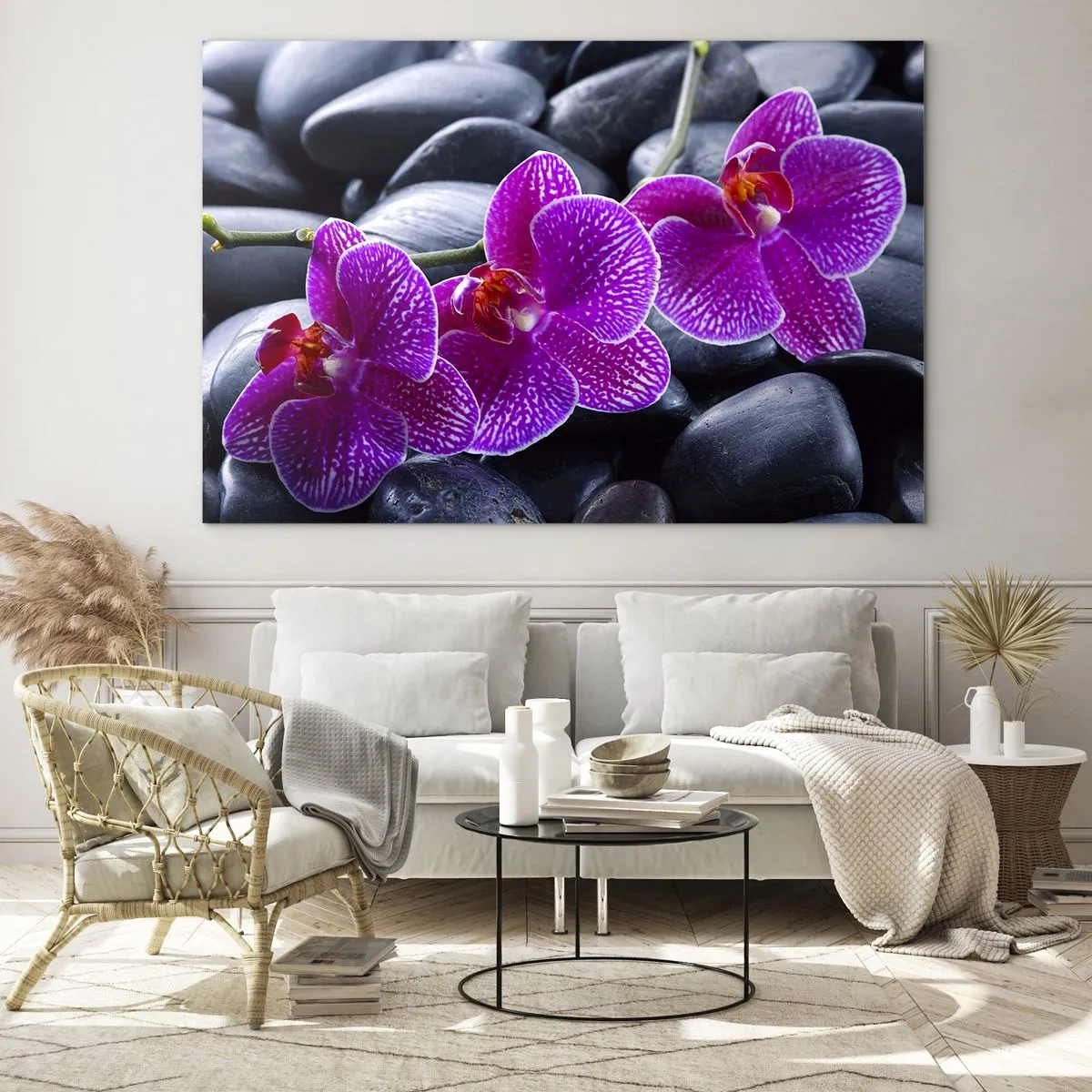 Glasbild - Bild auf glas - Lila Orchideen vor einem Hintergrund aus glatten Steinen - 120x80cm - Die Steine
