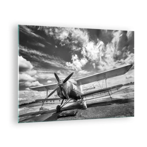 Glasbild - Bild auf glas - Schwarz-Weiß-Foto eines klassischen Doppeldeckers - 70x50cm - Ich kann es kaum erwarten! - Moderne Wanddekoration für Wohnzimmer und Schlafzimmer ARTTOR