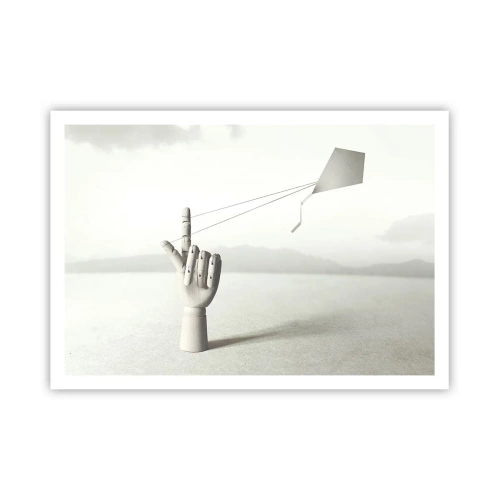 Poster - Eine minimalistische Holzhand mit einem Drachen vor einem Landschaftshintergrund. - 100x70cm - Kraftprobe - Moderne Wanddekoration für Wohnzimmer und Schlafzimmer ARTTOR