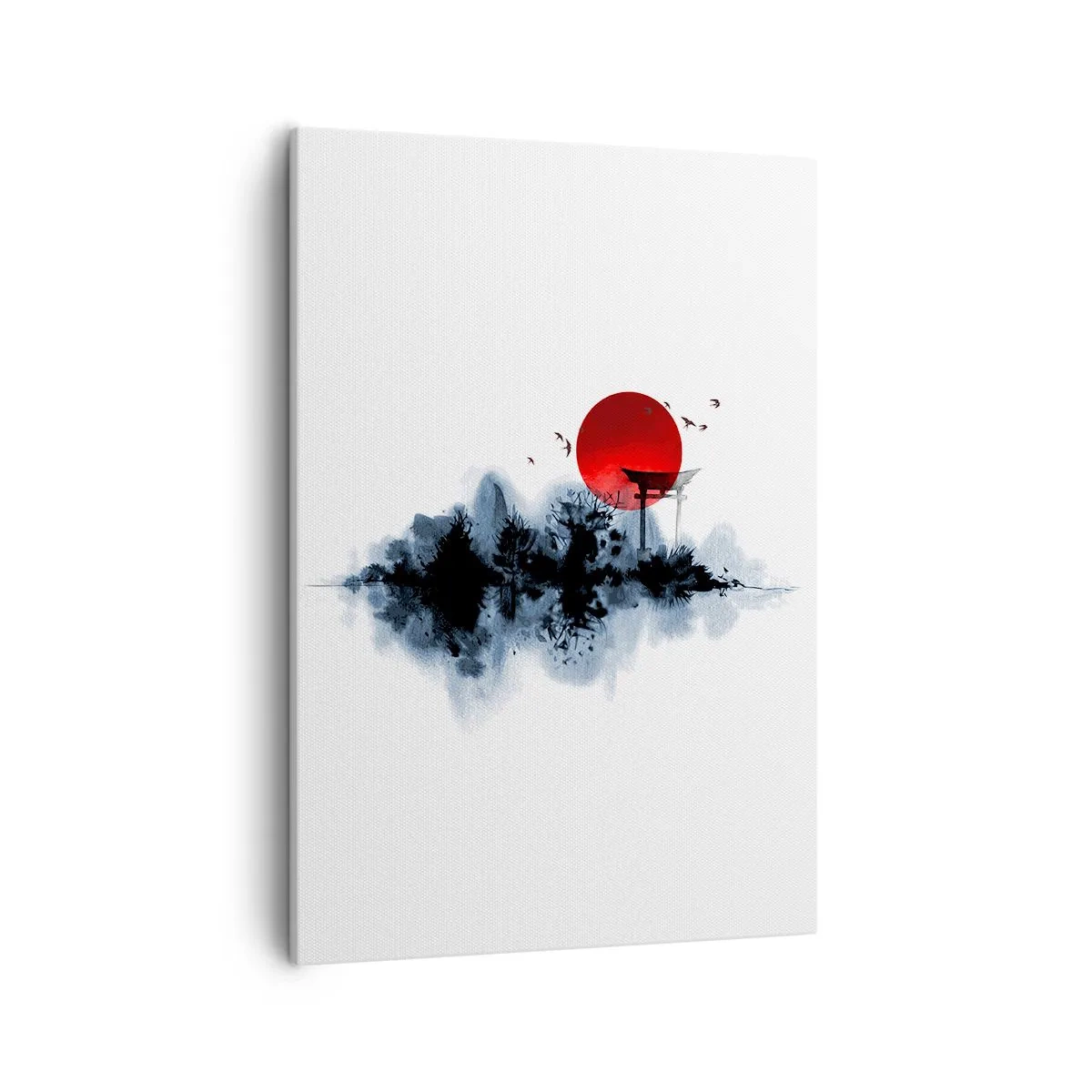 Bild auf Leinwand - Leinwandbild - Rote Sonne über einer malerischen Landschaft mit Torii - 50x70cm - Japanische Sicht - Moderne Wanddekoration für Wohnzimmer und Schlafzimmer ARTTOR
