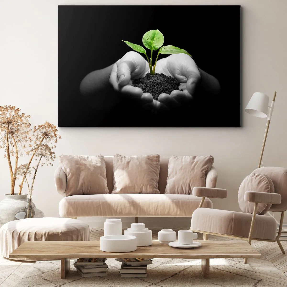 Bild auf Leinwand - Leinwandbild - Hände halten eine grüne Pflanze auf schwarzem Hintergrund - 120x80cm - Ich liebe die Natur, ich beschütze sie - Moderne Wanddekoration für Wohnzimmer und Schlafzimmer ARTTOR