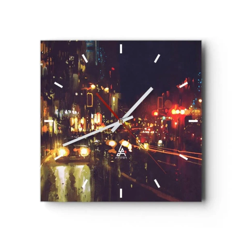 Wanduhr - Glasuhr - Nachtszene in der Stadt mit bunten Lichtern und Straßenreflexionen - 30x30cm - Eingetaucht in die Lichter der Nacht - Moderne Wanddekoration für Wohnzimmer und Schlafzimmer ARTTOR