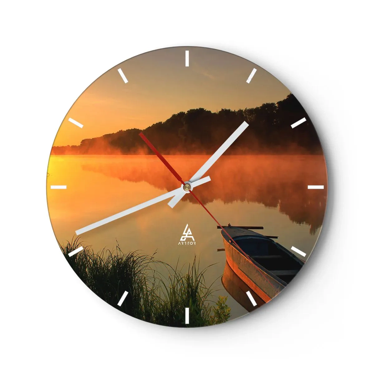 Wanduhr - Glasuhr - Ein Boot auf einem See am Morgen, umgeben von Nebel - 30x30cm - Sonnenaufgang über dem Wasser wie ein Spiegel - Moderne Wanddekoration für Wohnzimmer, Küche und Schlafzimmer ARTTOR
