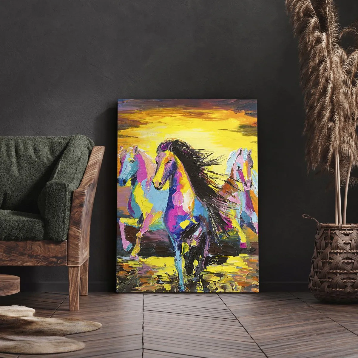 Bild auf Leinwand - Leinwandbild - Bunte Pferde galoppieren vor dem Hintergrund der untergehenden Sonne - 50x70cm - Eingetaucht in den Regenbogen - Moderne Wanddekoration für Wohnzimmer und Schlafzimmer ARTTOR