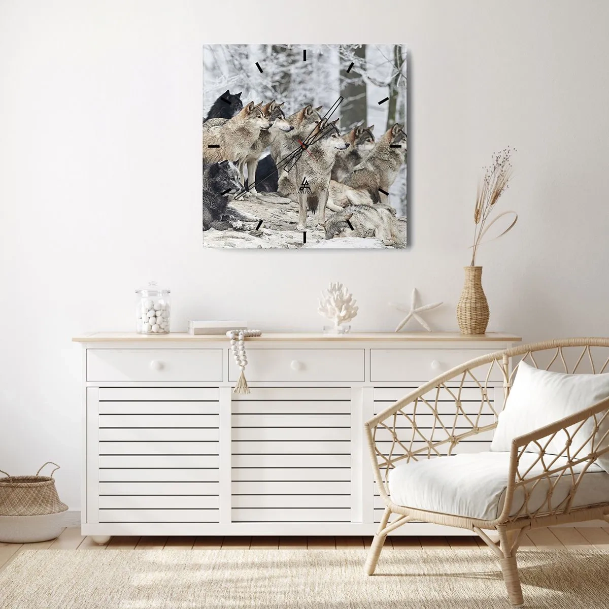 Wanduhr - Glasuhr - Ein Wolfsrudel im Winterwald - 30x30cm - Familie und Freunde - Moderne Wanddekoration für Wohnzimmer und Schlafzimmer ARTTOR