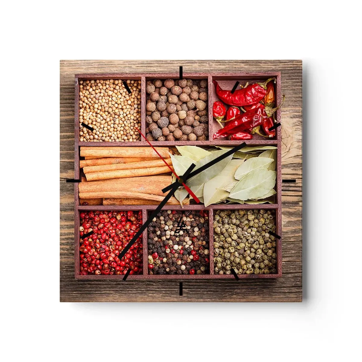 Wanduhr - Glasuhr - Holzkiste mit verschiedenen Gewürzen in Fächern - 30x30cm - Ordnung der Formen, Bouquet von Aromen - Moderne Wanddekoration für Wohnzimmer und Schlafzimmer ARTTOR